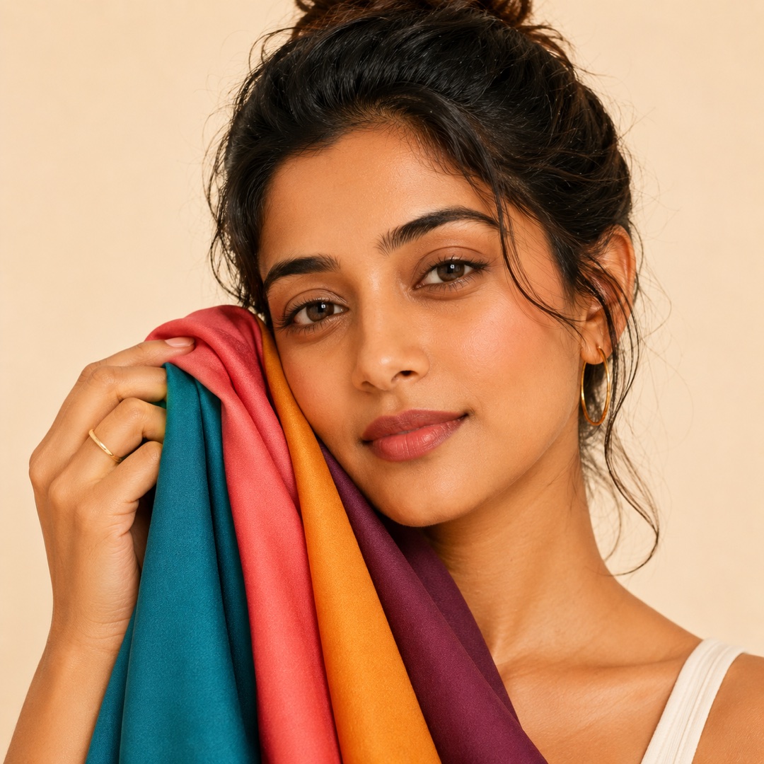 Portrait with colour swatches draped near the face